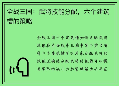全战三国：武将技能分配，六个建筑槽的策略