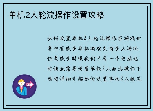 单机2人轮流操作设置攻略