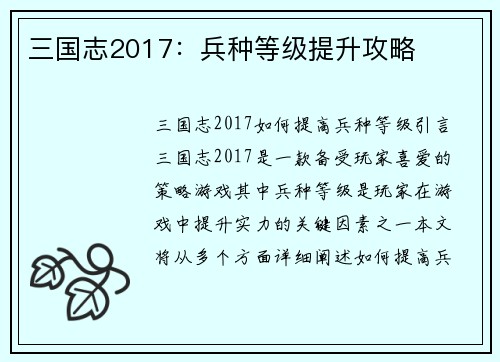 三国志2017：兵种等级提升攻略