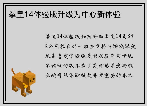 拳皇14体验版升级为中心新体验