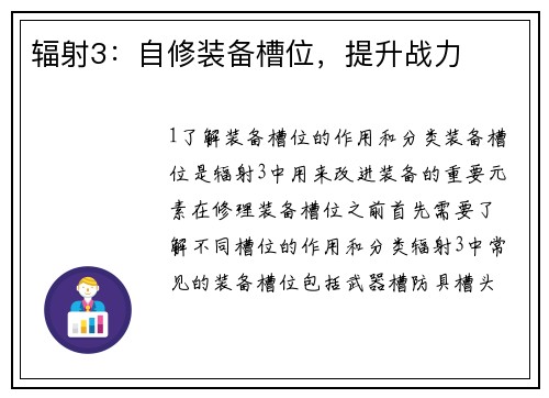 辐射3：自修装备槽位，提升战力