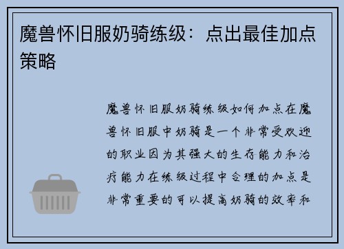 魔兽怀旧服奶骑练级：点出最佳加点策略